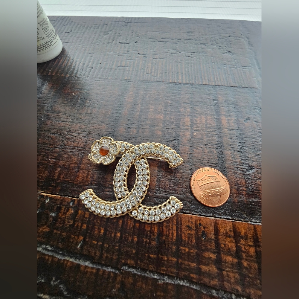 Gold Crystal Double C Brooch with Floral Detail - Picture 7 of 9